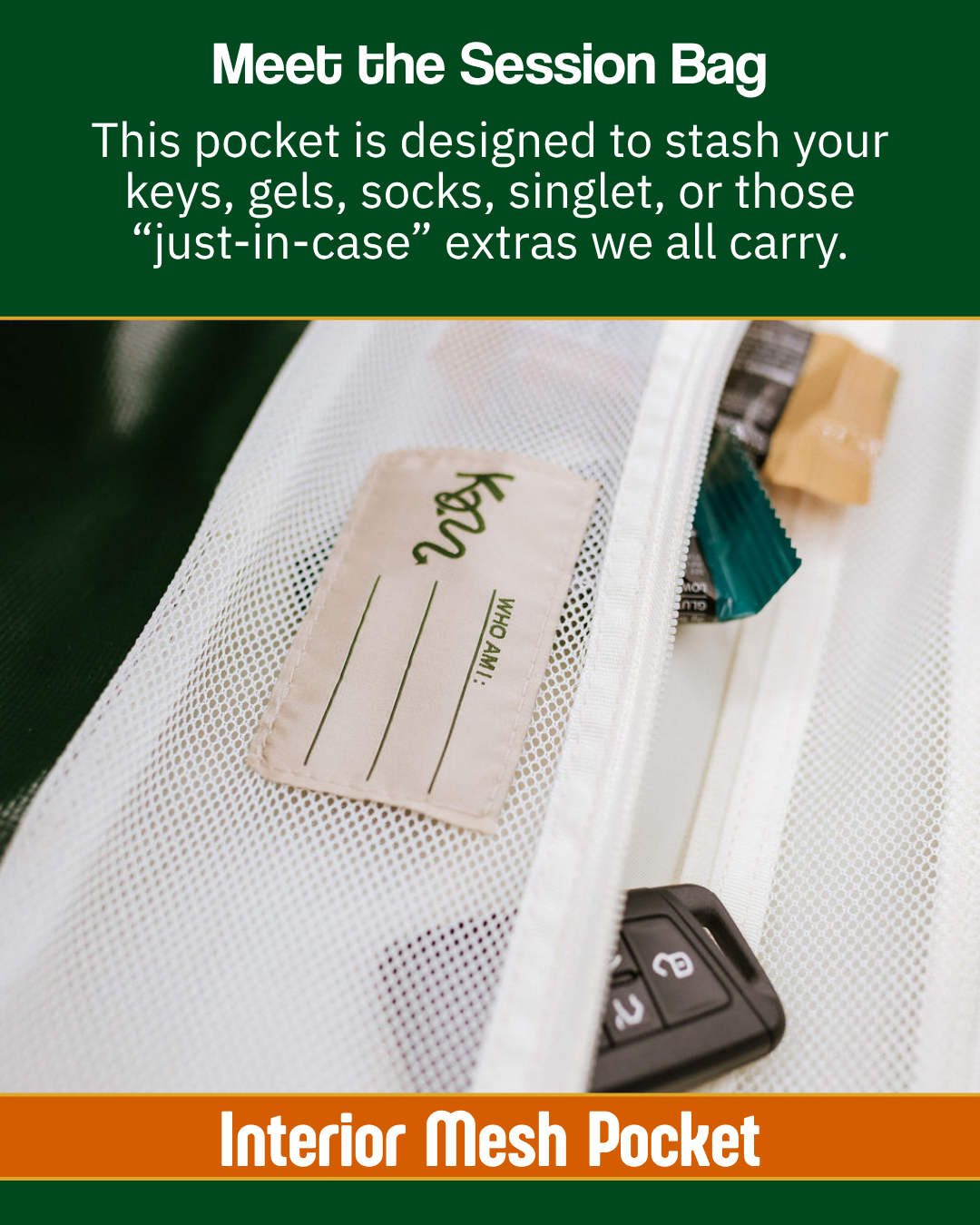 Picture showing the features of a green shoe bag, this has an inner mesh pocket to hold workout essentials. 