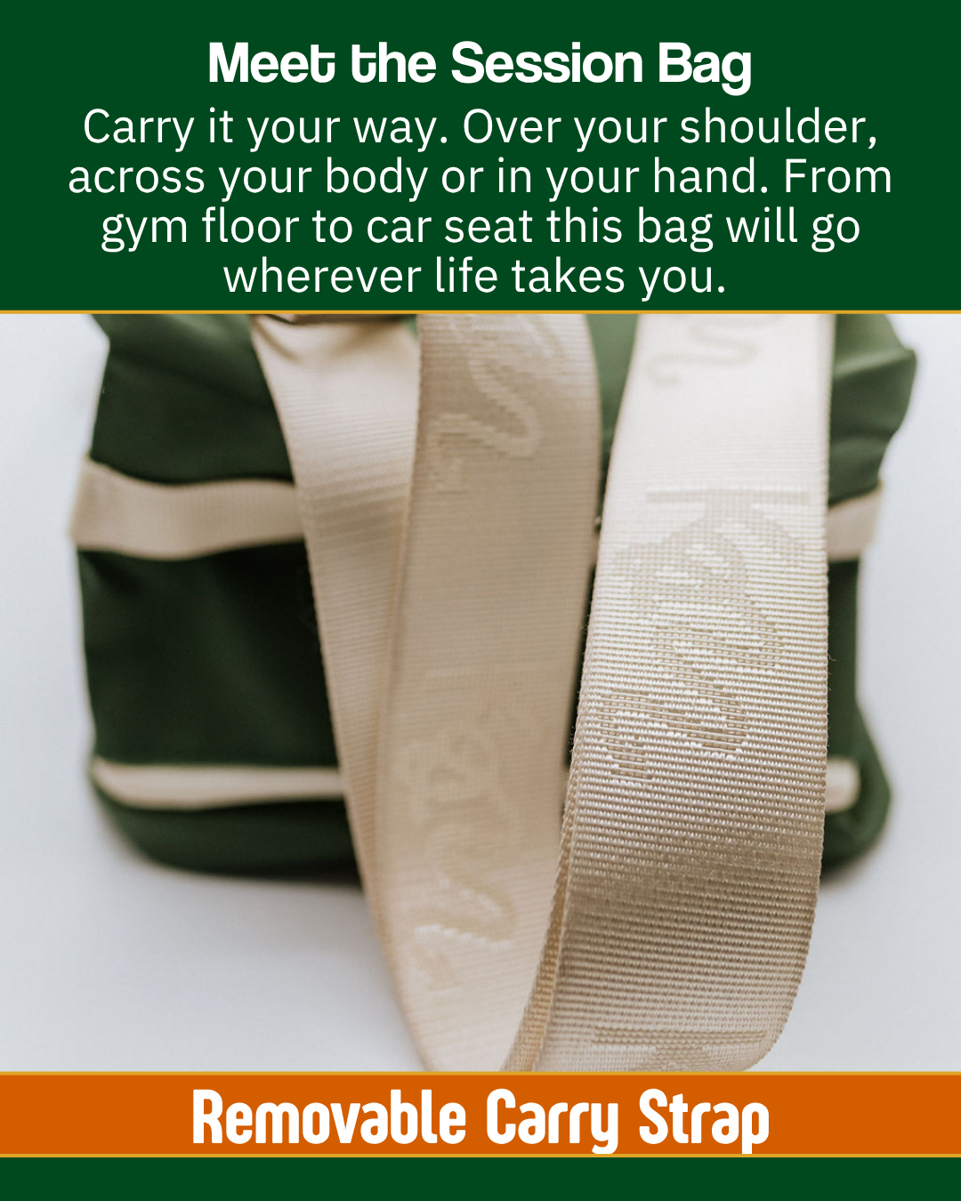 Picture showing the features of a green shoe bag, this has removable straps