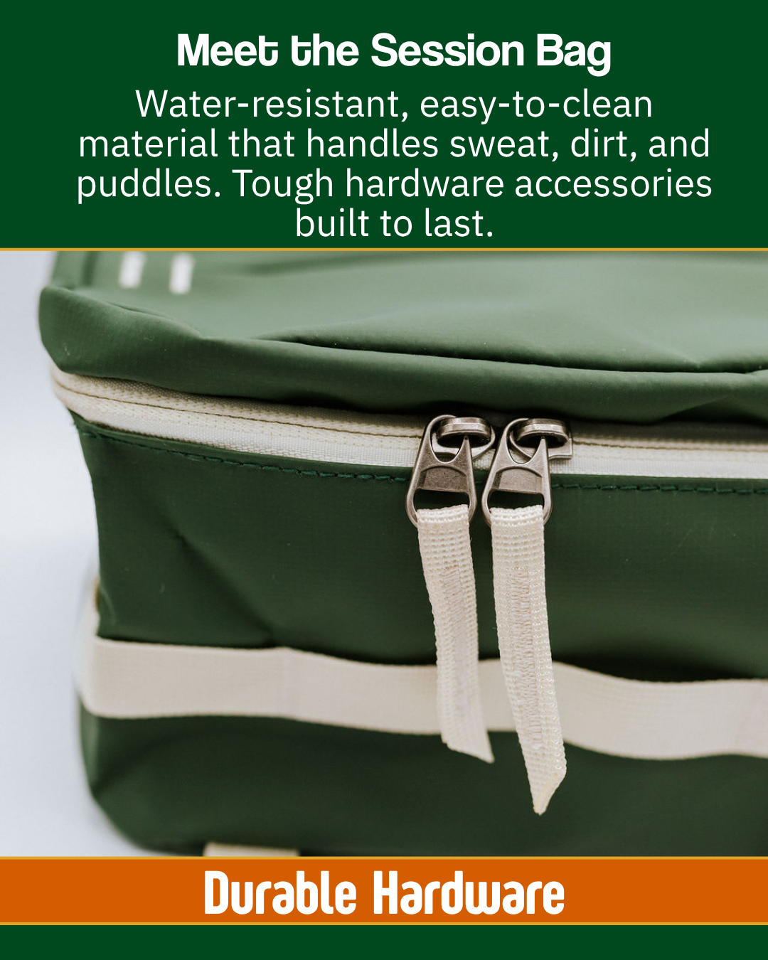 Picture showing the features of a green shoe bag, this has water resistant material and durable hardware
