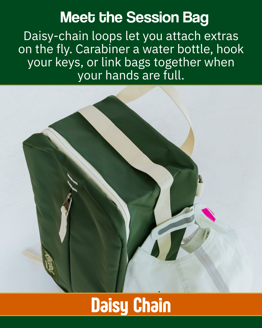 Picture showing the features of a green shoe bag, this has a daisy chain loop that lets you attach a water bottle or hat. 