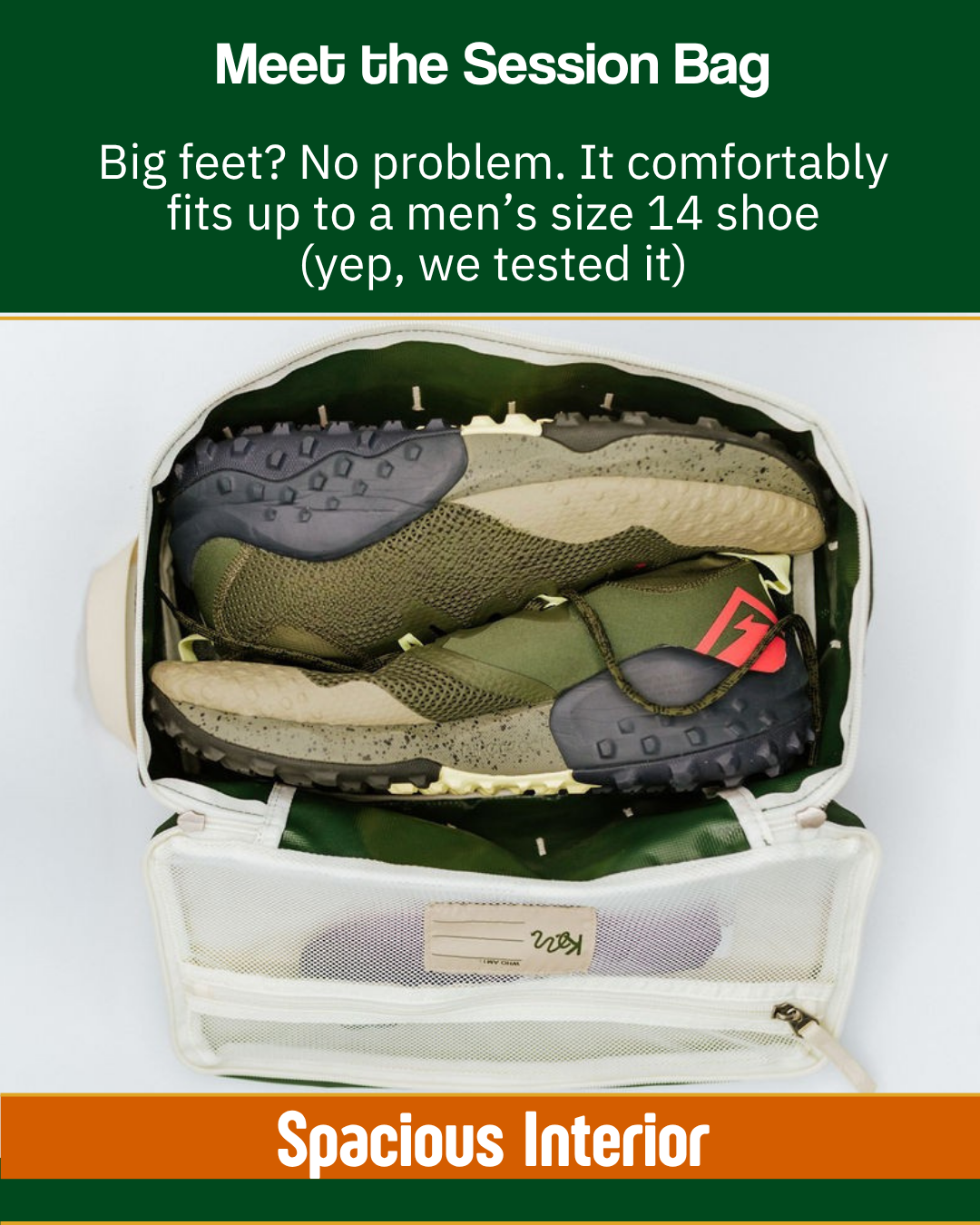 Picture showing the features of a green shoe bag, this fits up to a men's size 14 shoe. 